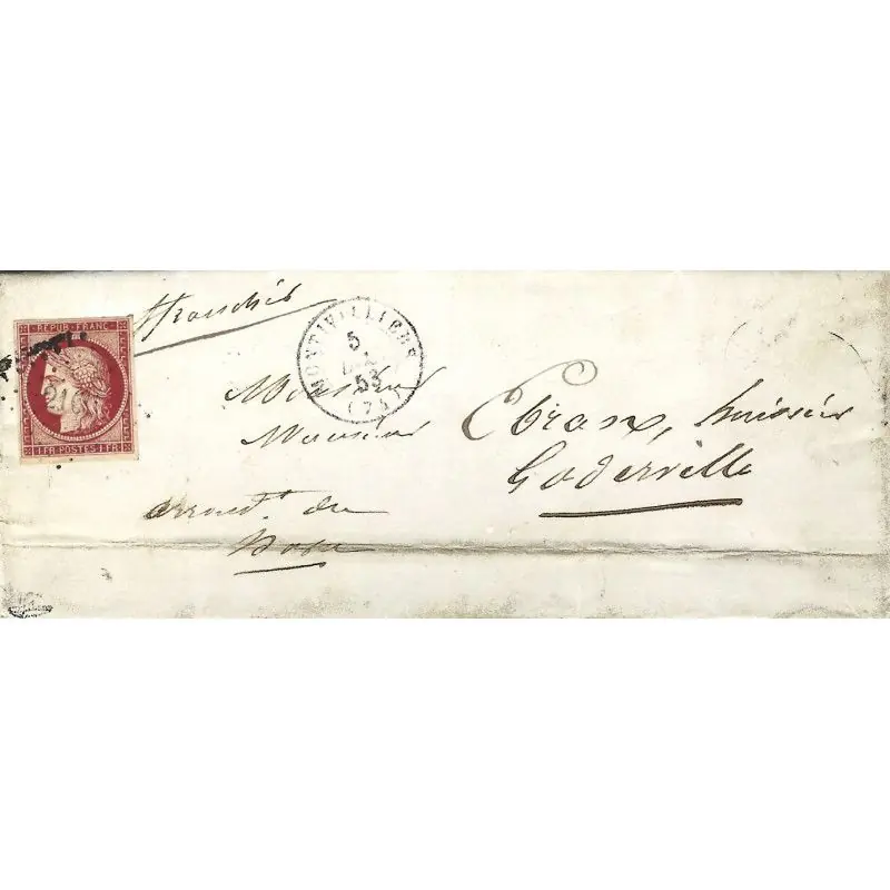 Cérès non dentelé N°6d nuance cerise oblitéré PC 2109 sur lettre 3 ports. RR Authentique