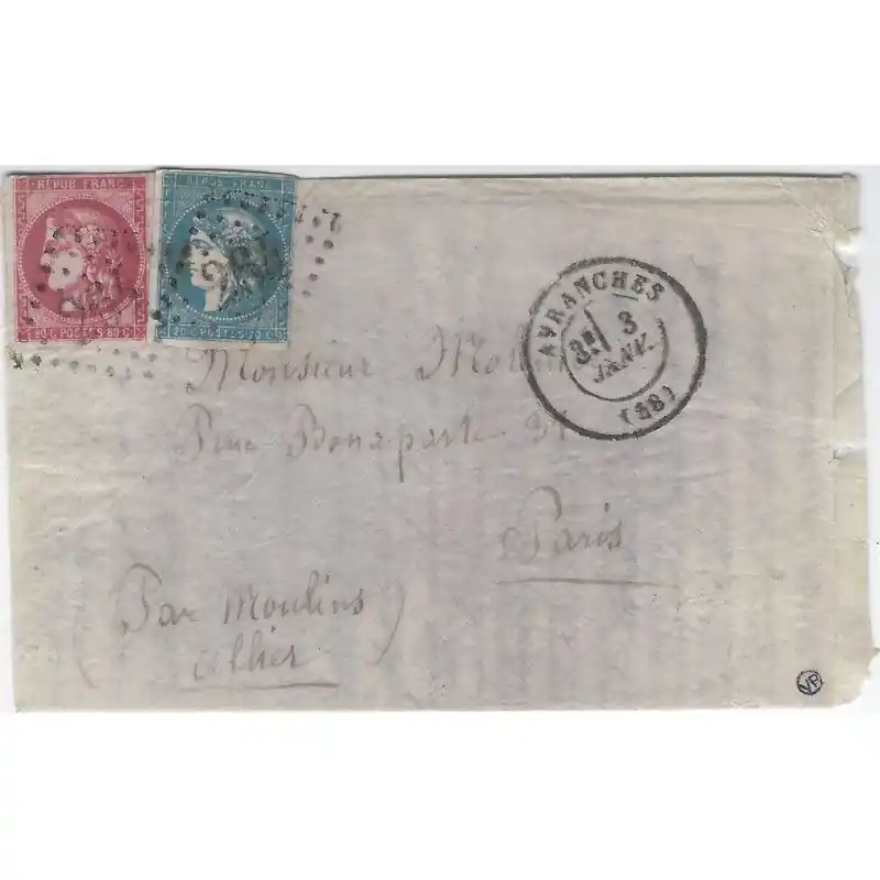 Marque Boule de Moulins pli d'Avranches 3 janvier 1871 pour Paris. R