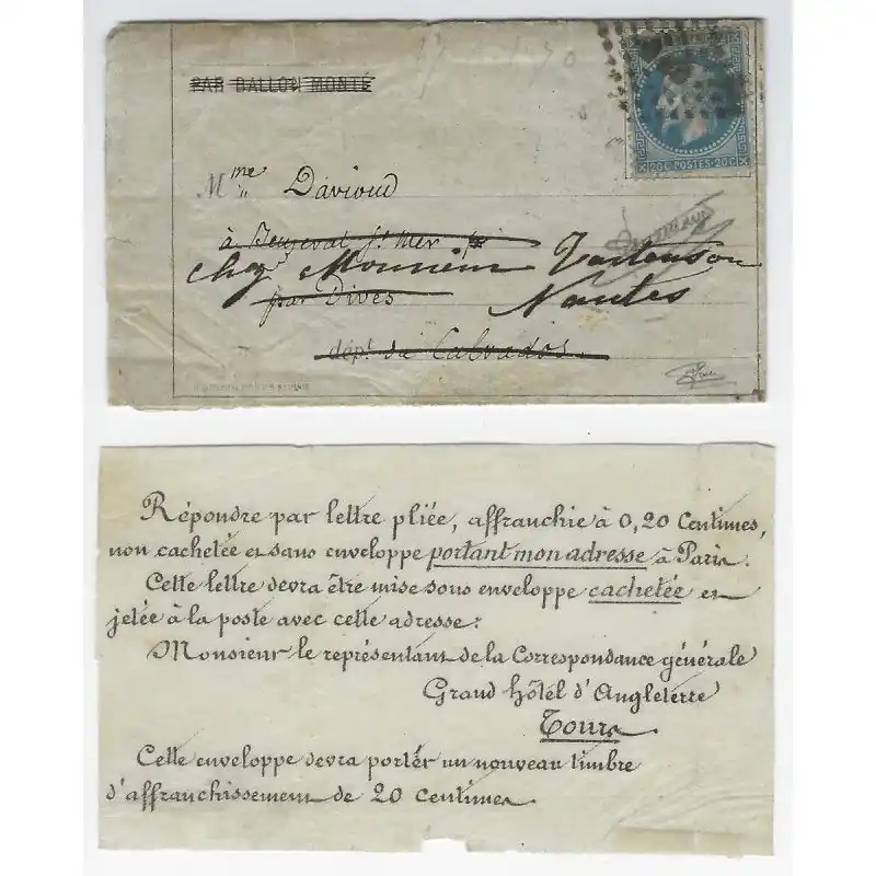 Meilleure Qualité Lettre par Passeur privé sur ballon monté annulé 1870. RR