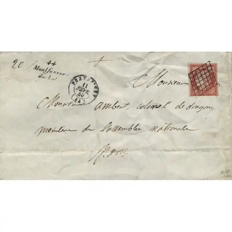 Cérès vermillon vif N°7 a oblitéré sur lettre avec cursive 1849. SUP. RRR Nouvel Arrivage