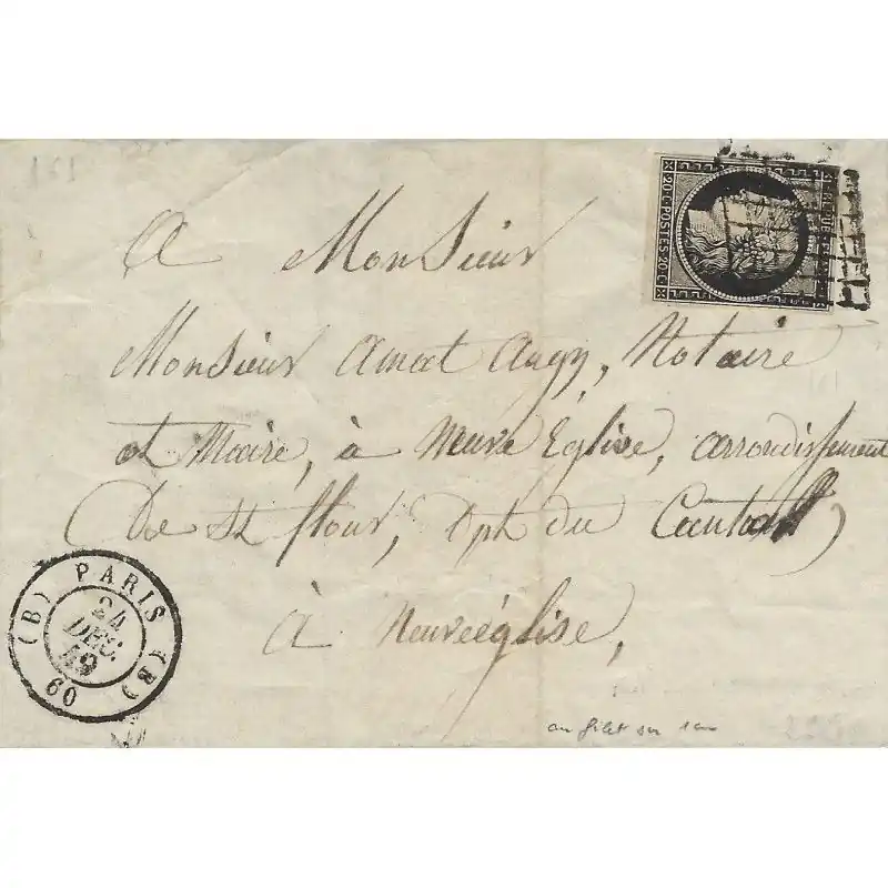 Prix Réduit Cérès non dentelé N°3a oblitéré grille sur pli de Paris bureau B 1849.