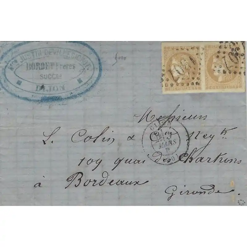 Bordeaux timbre de France N°43B paire oblitéré sur pli de Dijon 1871. Garantie Incluse