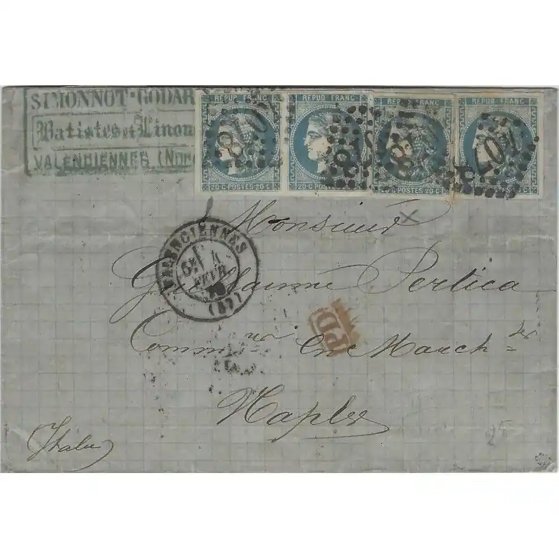 Bordeaux N°46A paire + 2ex oblitérés sur pli pour Naples 1870. Offre Du Jour