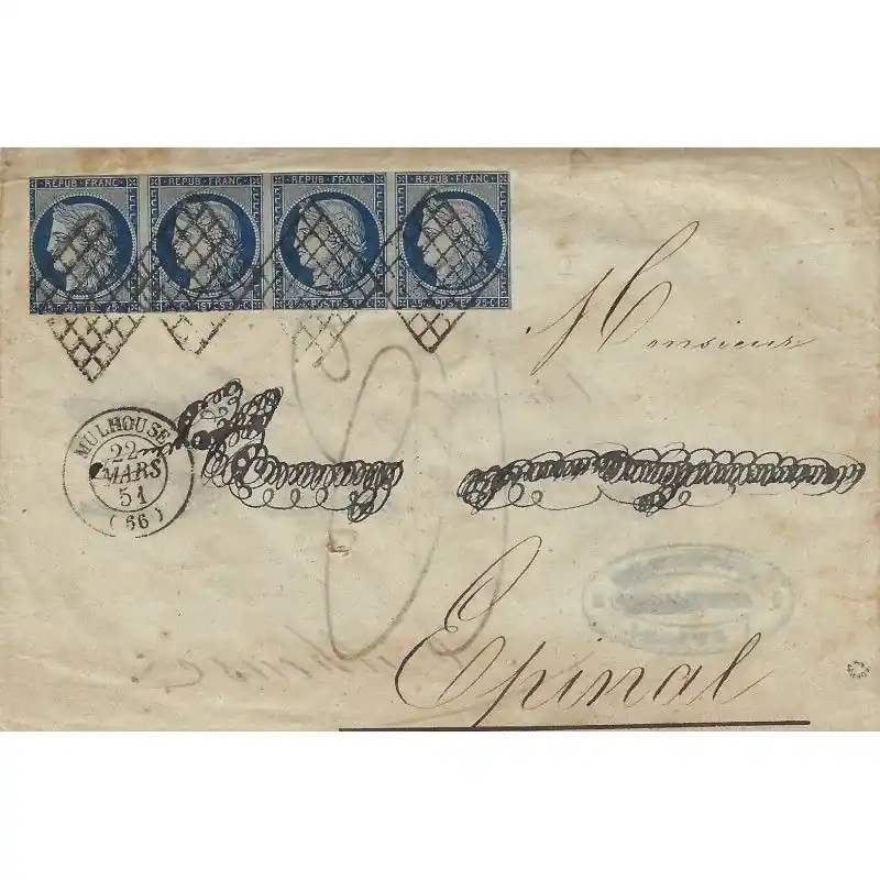 Produit De Marque Cérès N°4 bande de 4 oblitéré grille sur lettre de Mulhouse 1851.