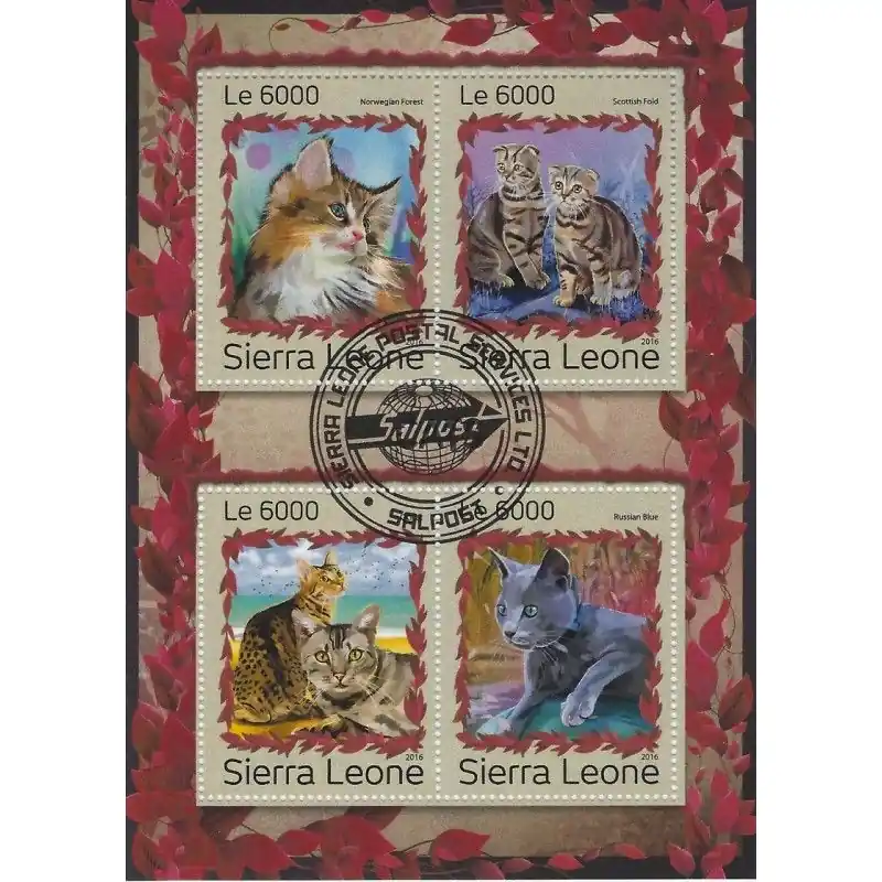 Chats bloc-feuillet de 4 timbres thématiques. Prix Cassé