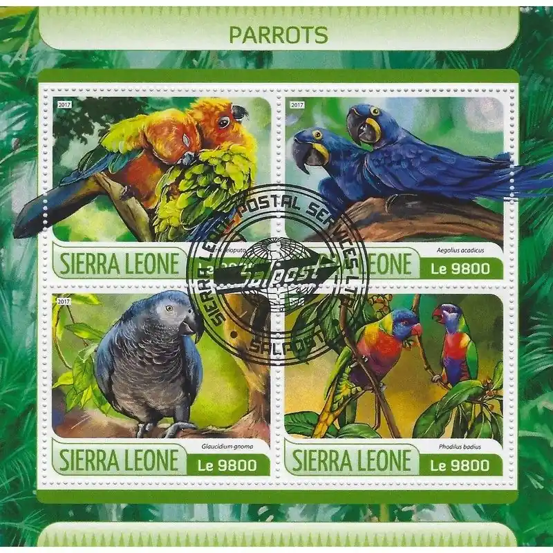 Perroquets bloc-feuillet de 4 timbres thématiques. Marque