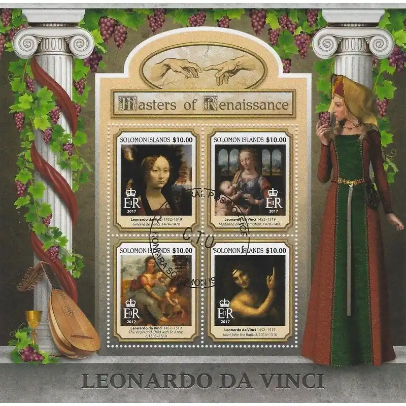 Léonardo da Vinci bloc-feuillet de 4 timbres îles Salomon. Expédition Rapide