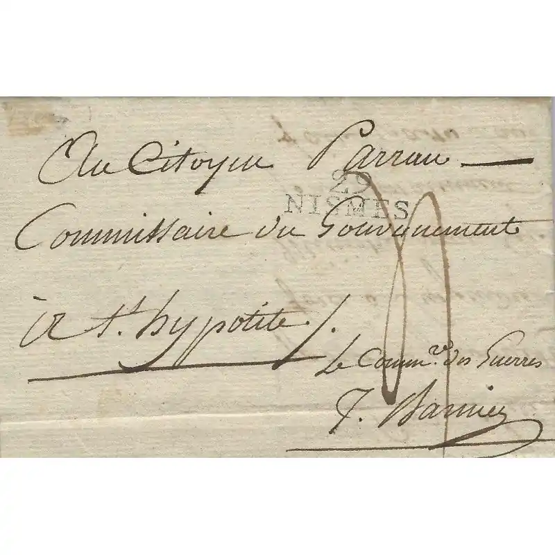 Marque postale 29 NISMES sur lettre de 1800 avec franchise Barnier. Certifié