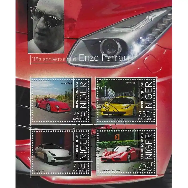 Voitures d'Enzo Ferrari bloc-feuillet de 4 timbres thématiques. Marque
