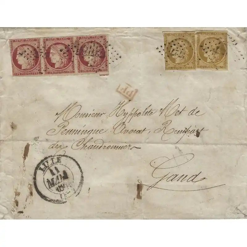 Offre Spéciale Cérès N°6 bande de 3 et N°1 X 2 oblitérés sur lettre de Lille pour Gand, TB. RR