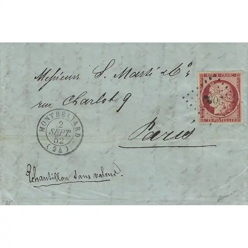 Cérès non dentelé N°6 oblitéré PC 2069 sur lettre de Montbéliard 1852, SUP. R Nouveauté