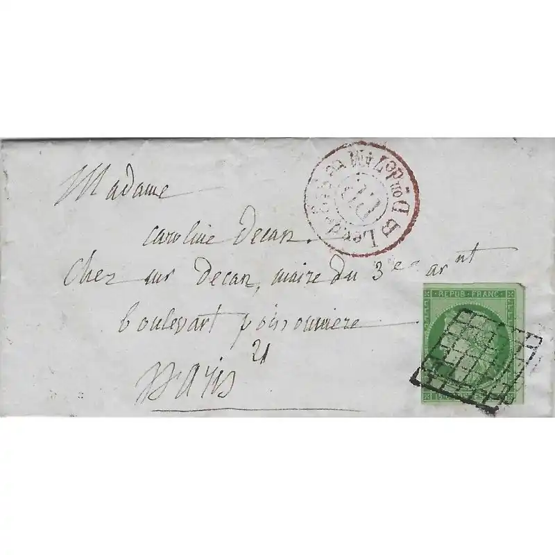 Cérès non dentelé N°2 oblitéré grille et PP Rouge sur lettre de Paris 1850. R Garantie Incluse