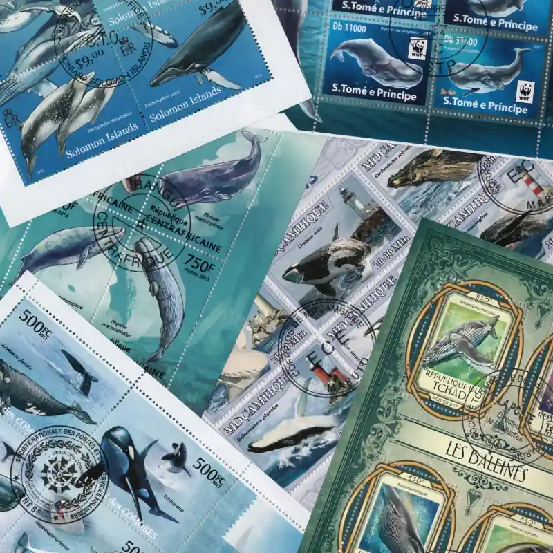 Baleines 10 blocs-feuillets de timbres thématiques. Prix Cassé