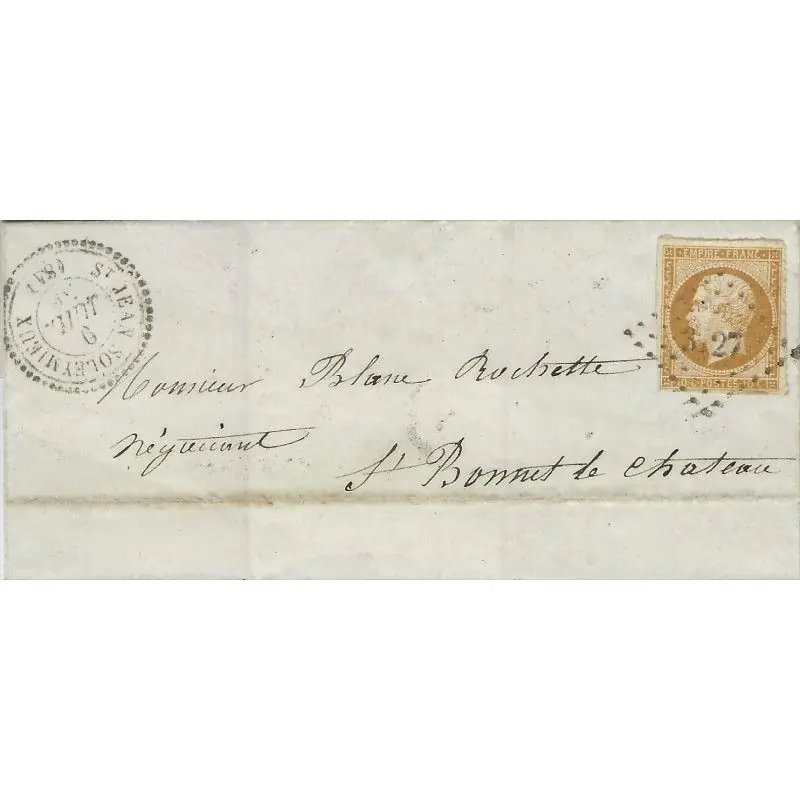 Petits Chiffres 3127 St Jean Soleymieux sur pli complet de 1856. RR Achat Immédiat