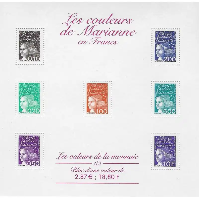 Bloc-feuillet de timbres N°41 Les valeurs de la monnaie en Francs neuf**. Top Qualité