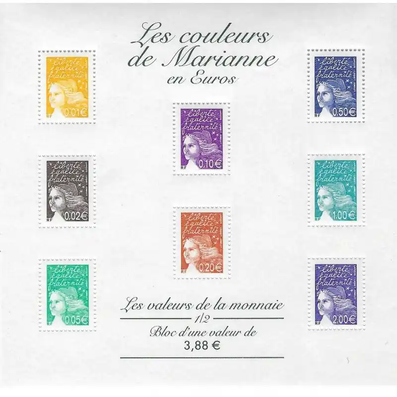 Bloc-feuillet de timbres N°44 Les valeurs de la monnaie en Euros neuf**. Bon Marché