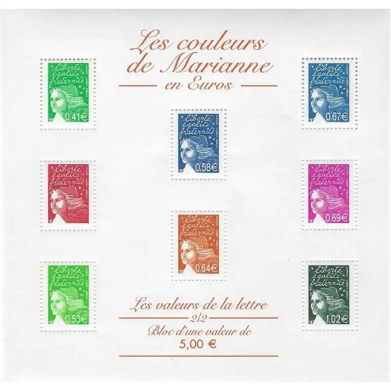 Offre Limitée Bloc-feuillet de timbres N°45 Les valeurs de la lettre en Euros neuf**.