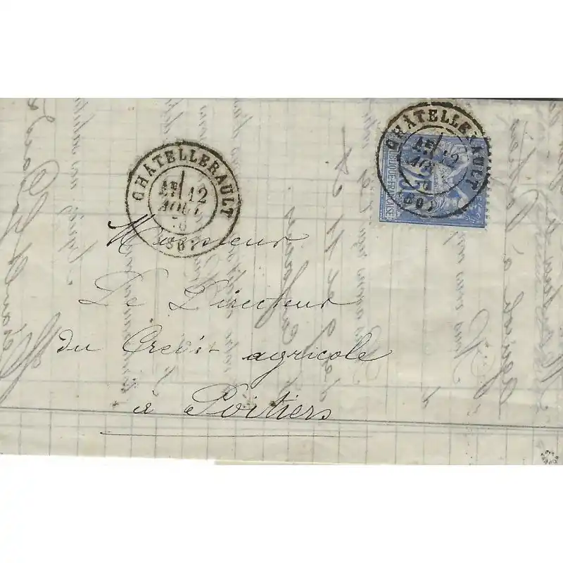 Marque Type Sage N°68 oblitéré sur lettre de Châtellerault 12 août 1876.