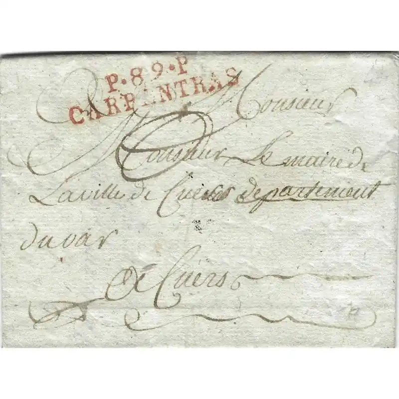 Meilleure Vente Marque postale P.89.P CARPENTRAS rouge sur lettre de 1809.