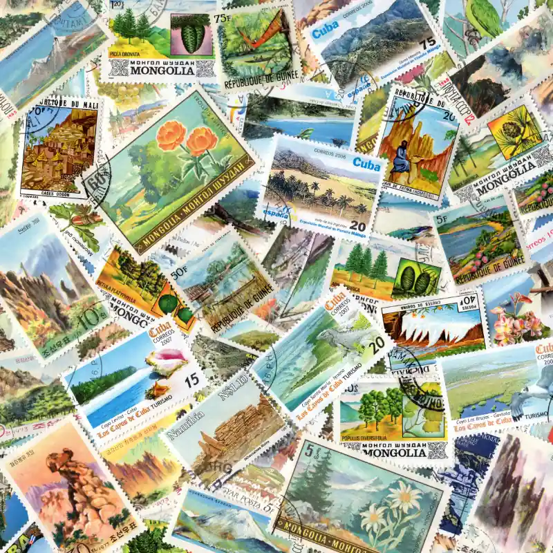 Vente Flash Paysages 100 timbres thématiques tous différents.