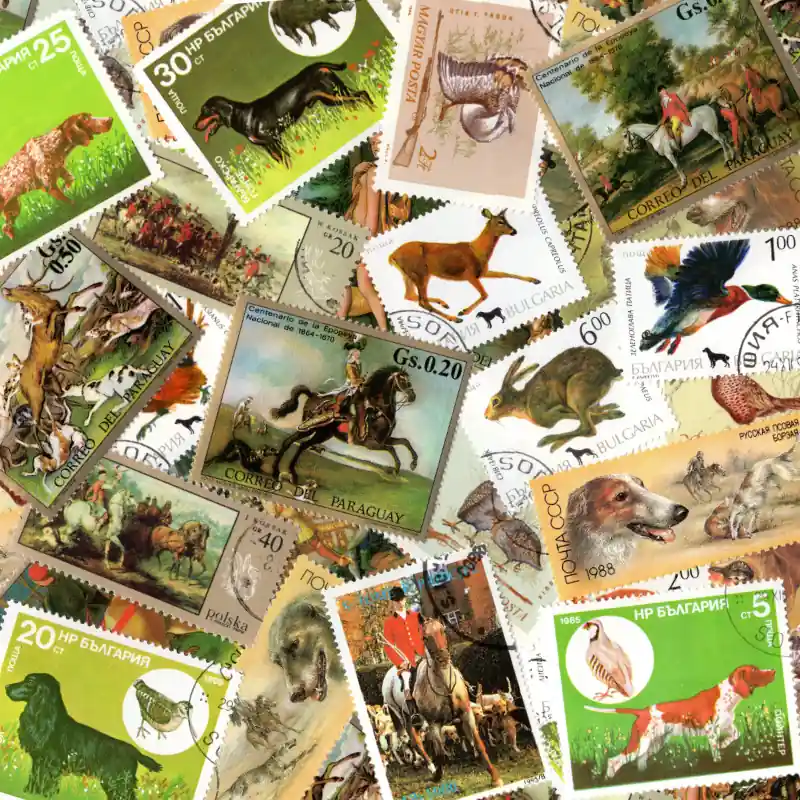 Chasse 25 timbres thématiques tous différents. Produit De Marque