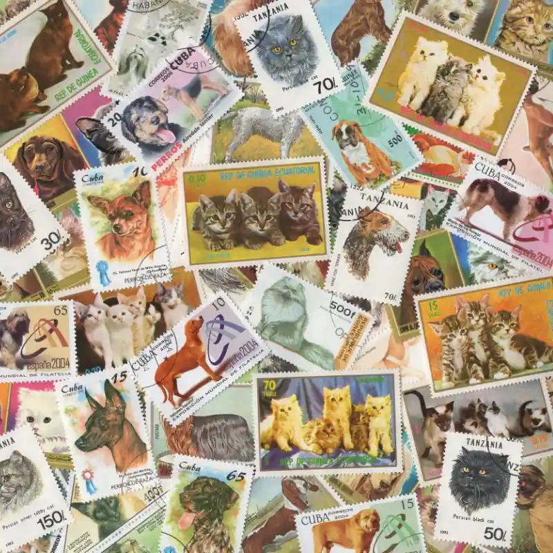 Produit De Marque Chats et Chiens 200 timbres thématiques tous différents.