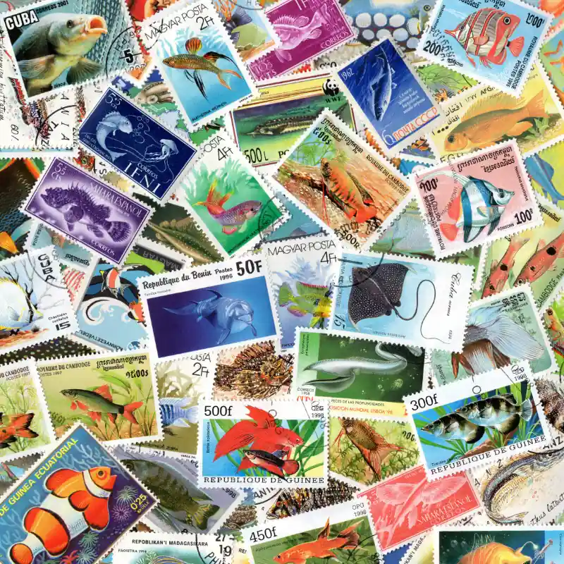 Poissons timbres thématiques tous différents. Livraison Gratuite