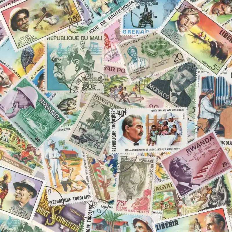Offre Spéciale Docteur Schweitzer 25 timbres thématiques tous différents.