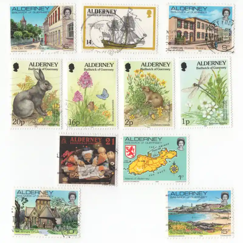 Prix Cassé Alderney timbres de collection tous différents.