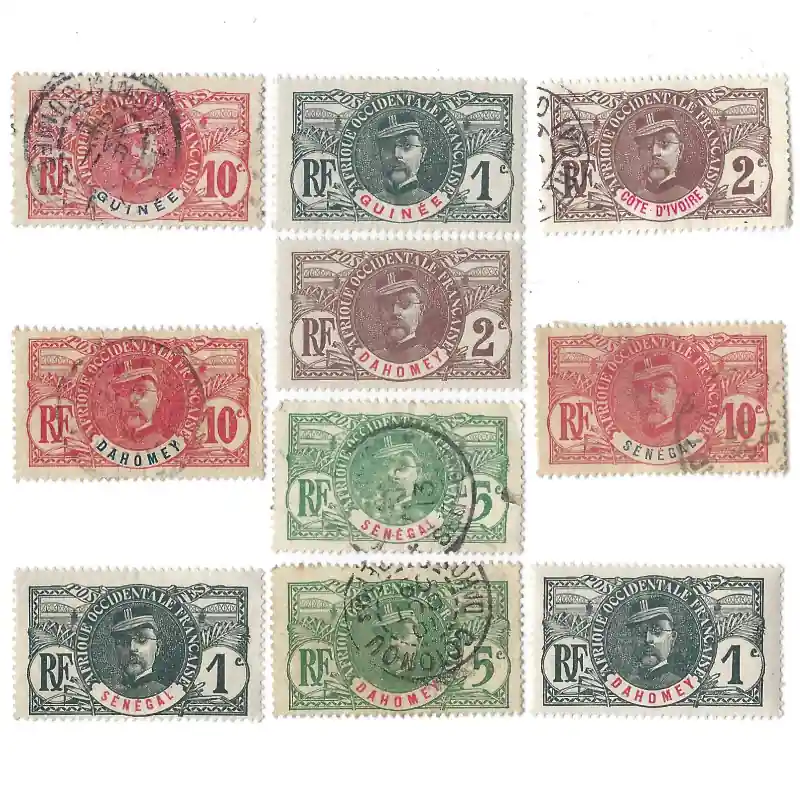 Colonies Françaises type Faidherbe 10 timbres tous différents. Dernier Modèle