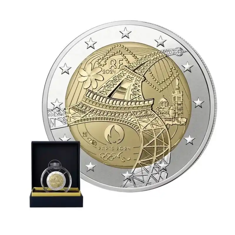2 euros commémorative France 2024 - Tour Eiffel JO Paris polissage inversé en coffret BE. Top Vente