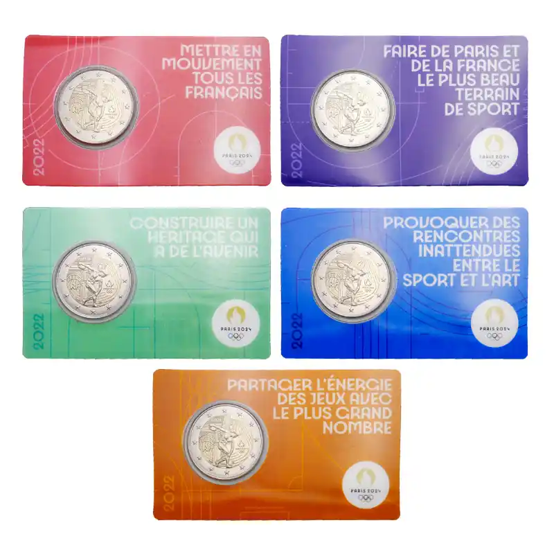Livraison Mondiale Série de 5 coincards 2 euros BU 2022 France JO de Paris 2024.