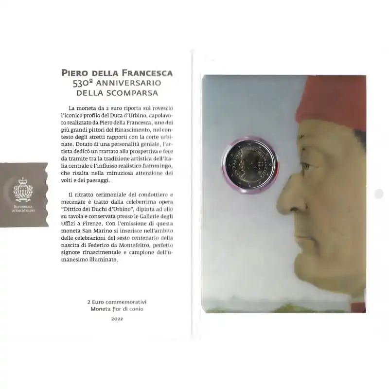 2 euros commémorative Saint Marin 2022 - Piero Della Francesca en coffret BU. Commande En Gros