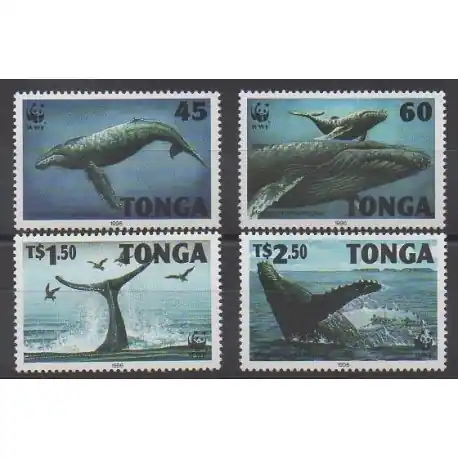 Certifié Tonga - 1996 - No 1040/1043 - Vie marine - Mammifères - Espèces menacées - WWF